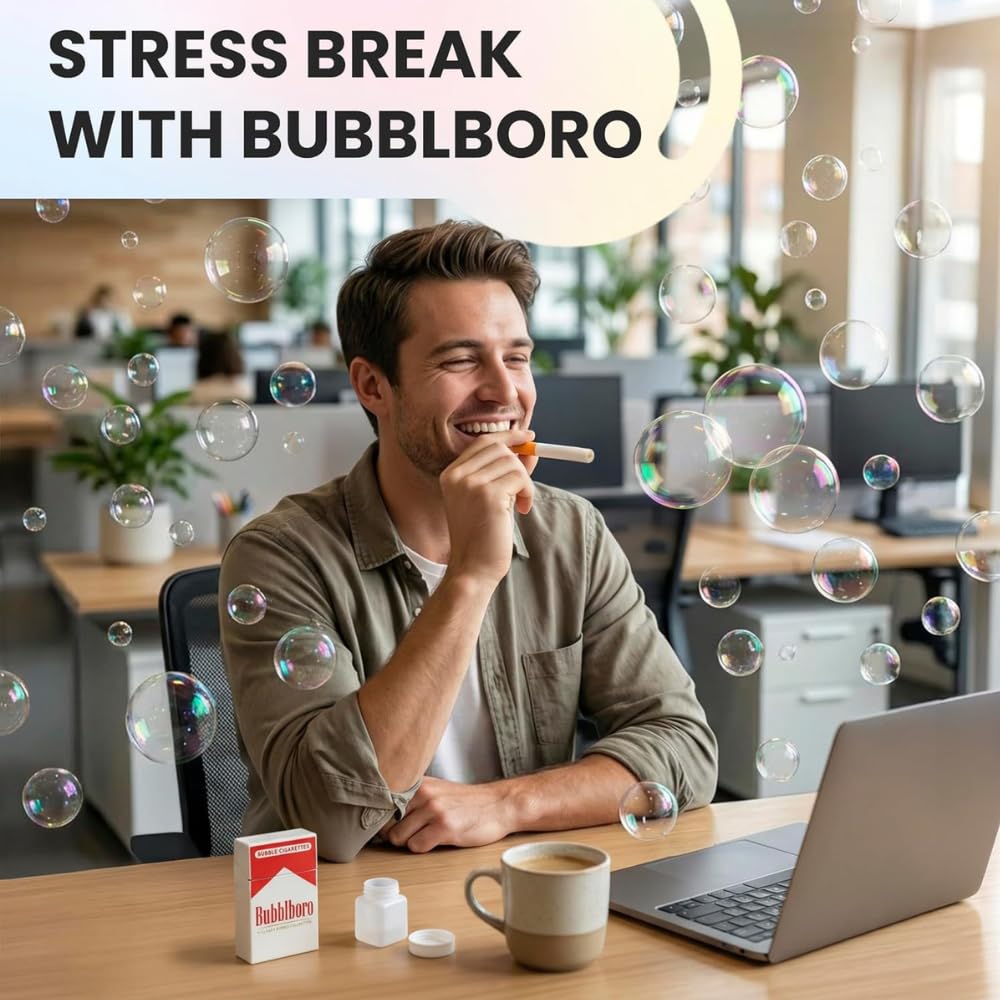 A smiling man sits at a desk in an office setting, holding a bubble wand near his mouth, with bubbles floating around him. Large text at the top reads “STRESS BREAK WITH BUBBLBORO,” and a small Bubbleboro product box, bottle, and cap are visible on the desk below.